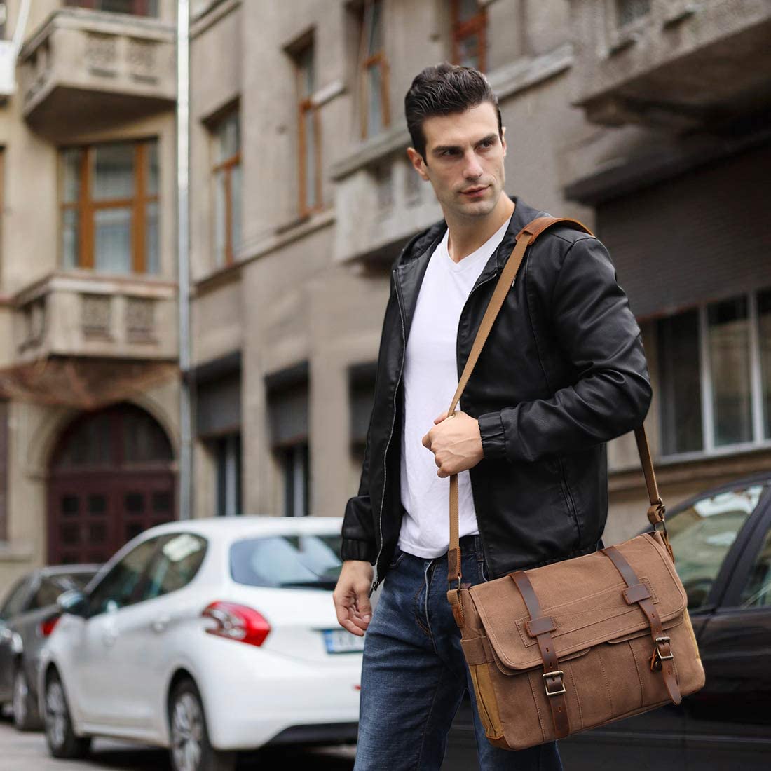 Messenger Bag for Men 15.6 Inch Canvas Laptop Computer Bag Leather Briefcase - Image 3